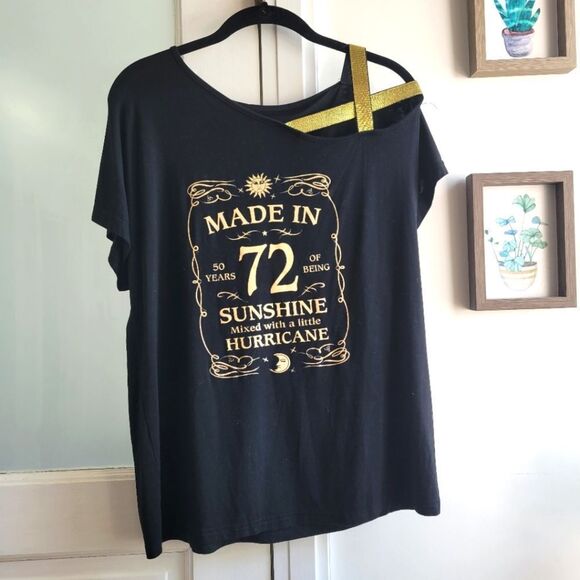 1972 Birthday Birth Year Top Cold Shoulder Sexy Black & Gold, Medium - Picture 1 of 4